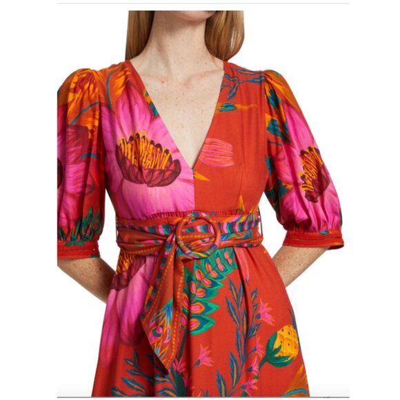 Farm Rio Belted Floral Maxi Dress size S small red pink v-neck puff sleeve - Picture 4 of 12